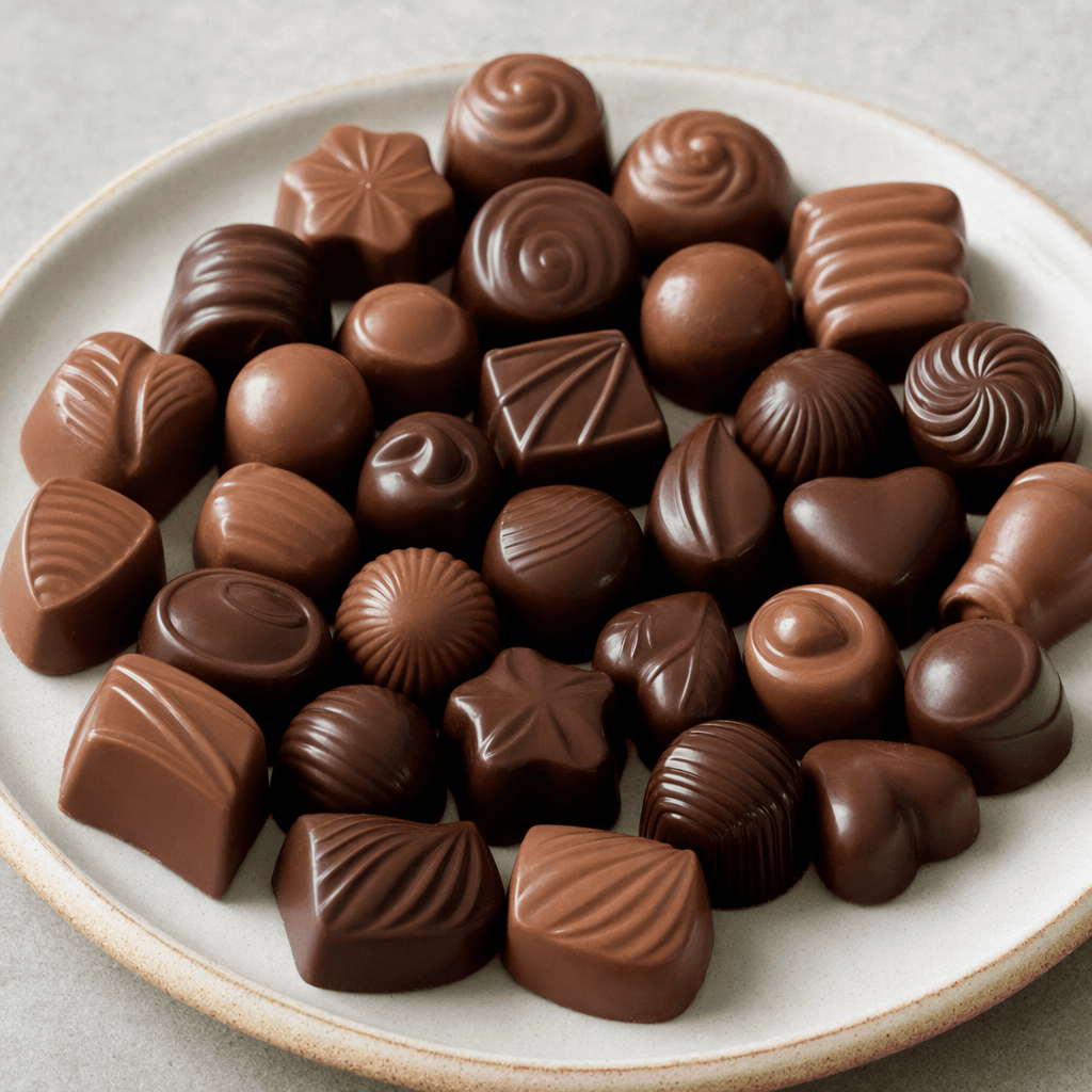 A neat assortment of bite-sized milk- and dark-brown chocolates, with smooth, slightly glossy surfaces and simple molded shapes, arranged together on a plate.