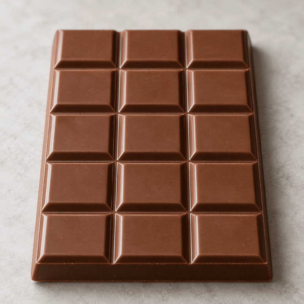 A smooth, medium-brown rectangular chocolate bar with a soft sheen and evenly scored sections.