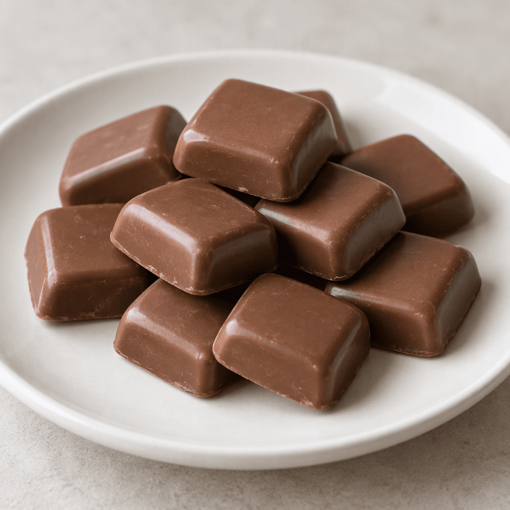 Small, smooth milk-chocolate pieces with a medium-brown surface and rounded edges are arranged on a plain plate.