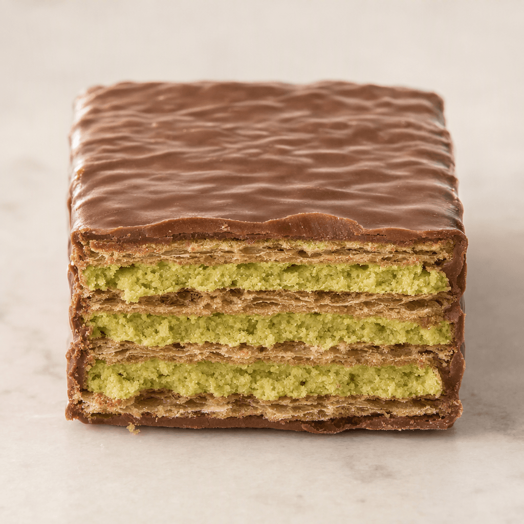 A rectangular chocolate-coated wafer bar with crisp layered sides and pale green pistachio filling visible between the layers.