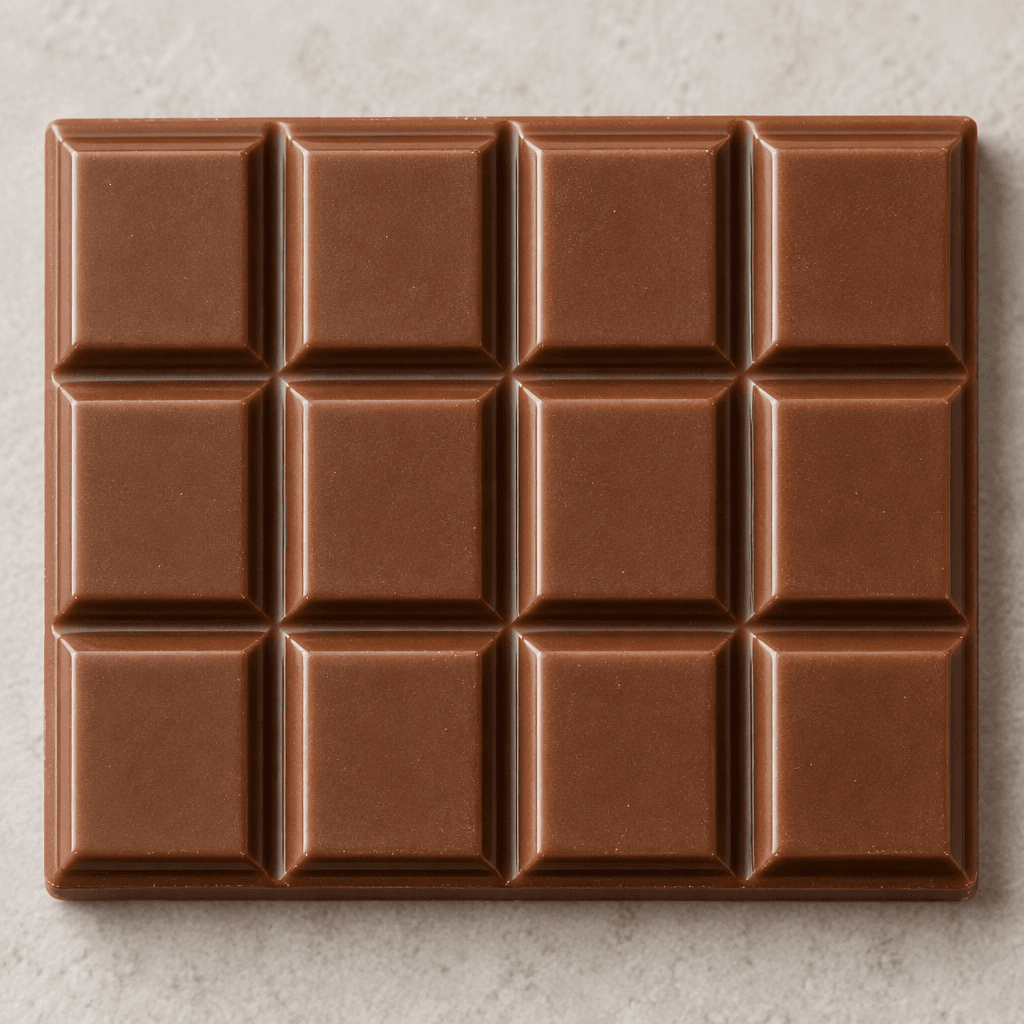 A smooth, medium-brown rectangular chocolate bar divided into neat segments, with a slight sheen on its surface.