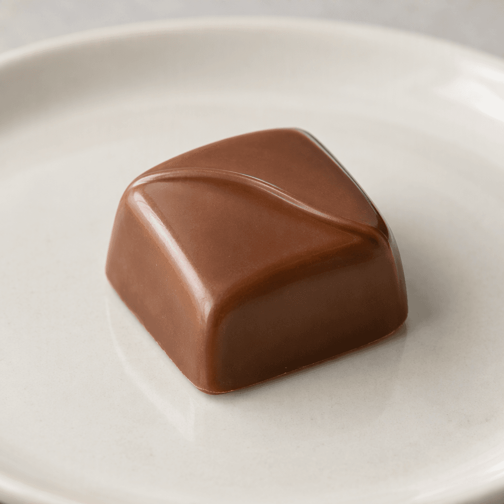 A small, single-piece milk chocolate with a smooth, glossy medium-brown surface and softly rounded edges, shown on a plain plate.