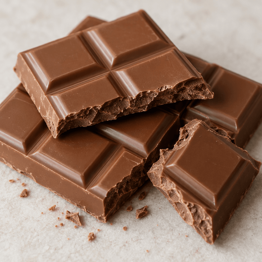 A flat, rectangular milk-chocolate bar with a smooth brown surface, molded into neat raised squares and broken into a few uneven pieces.