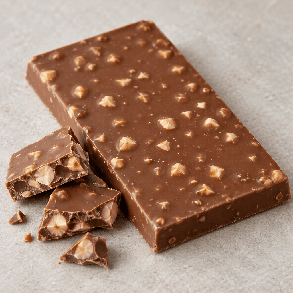 A rectangular milk-chocolate bar, medium brown with small pale hazelnut pieces visible across its smooth surface, rests beside a few broken pieces.