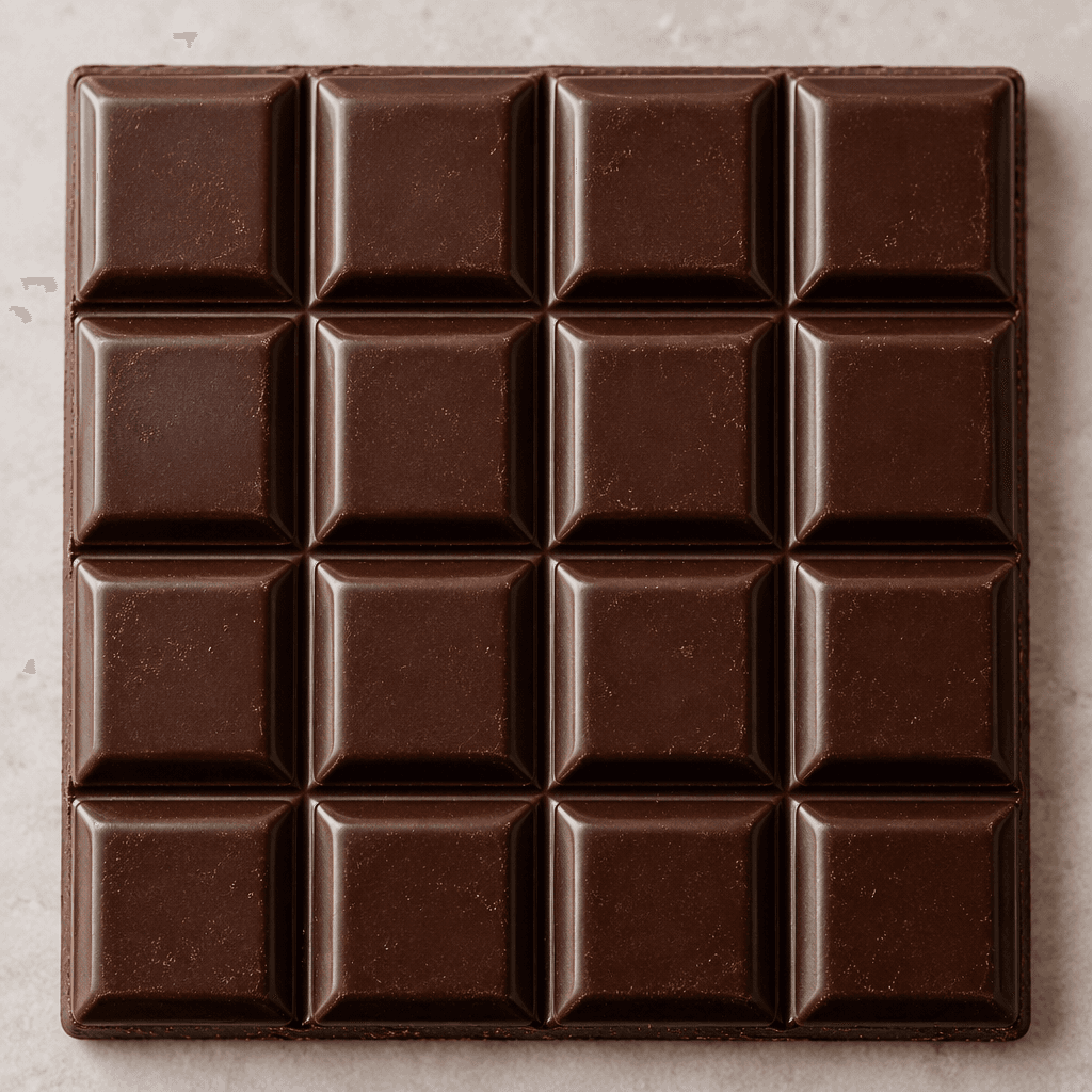 A dark brown rectangular chocolate bar with a smooth, slightly glossy surface and raised square sections divided by neat grooves.
