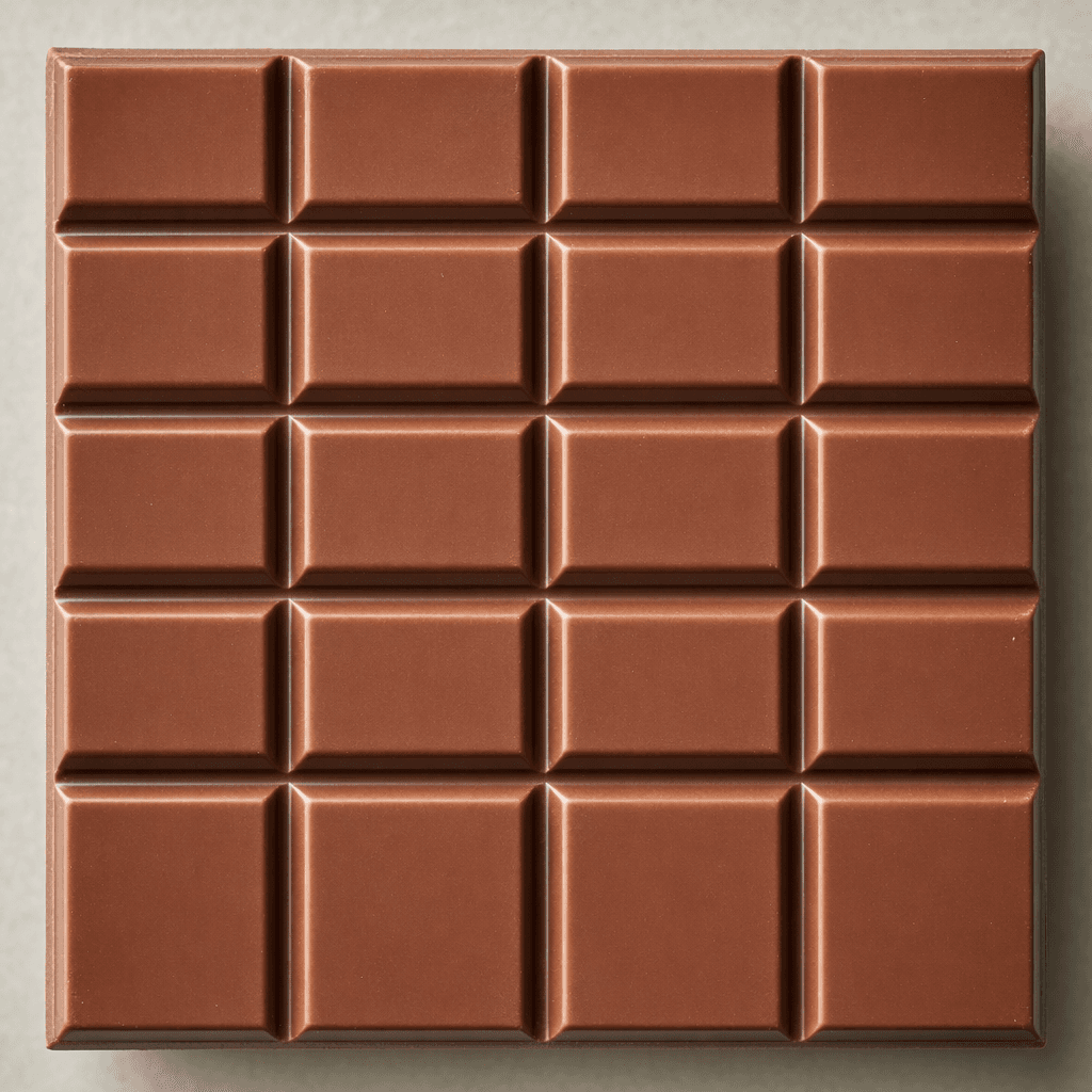 A solid milk-chocolate bar, medium brown with a smooth surface and molded into neat rectangular segments.