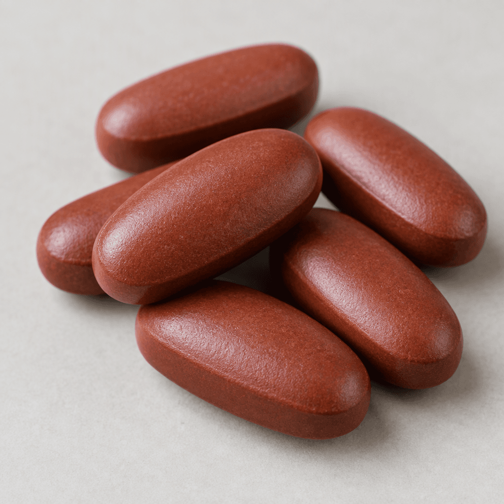 Several large, smooth, oblong tablets in a deep reddish-brown color lie on a plain surface.
