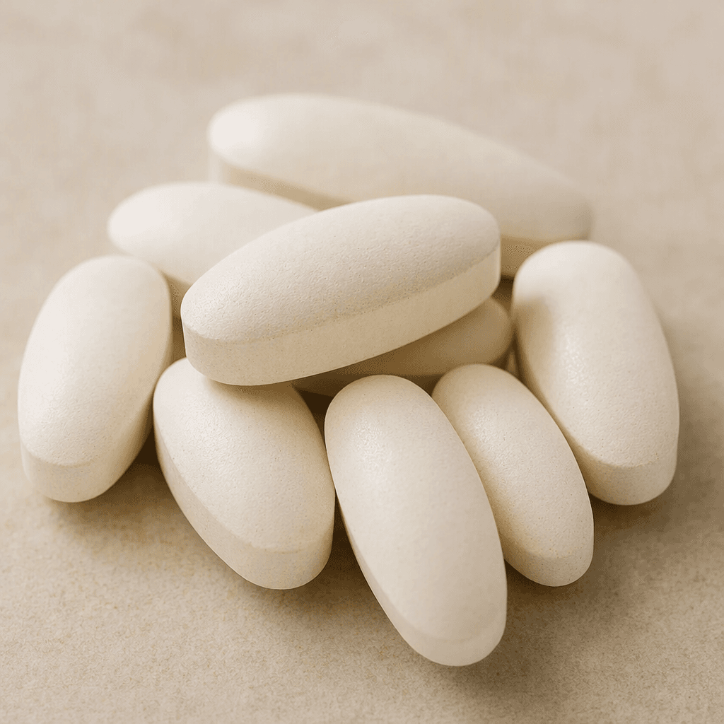 Several large, smooth, off-white oblong tablets with softly rounded edges lie on a plain surface.