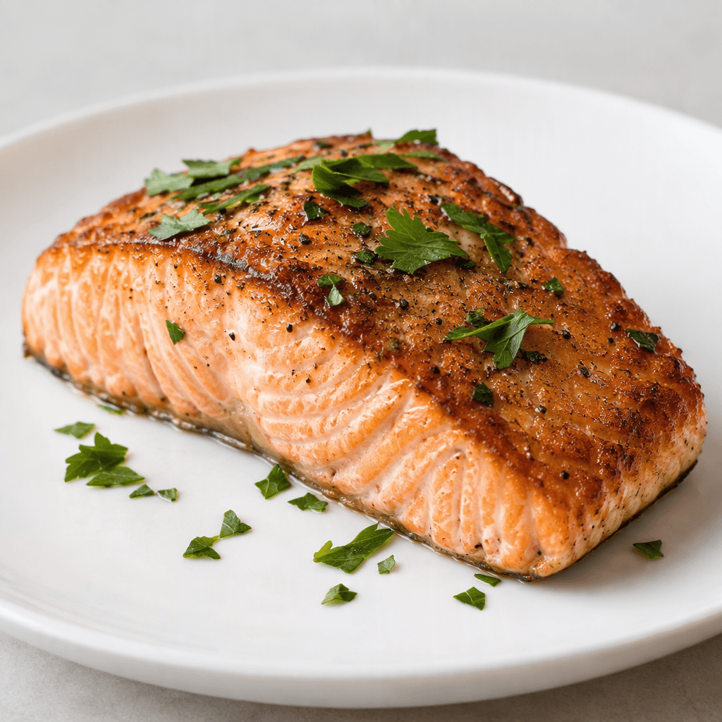 A thick salmon fillet with a browned, slightly crisp surface, coral-pink flaky flesh visible along the cut side, and a few green herb leaves scattered on top, served on a white plate.