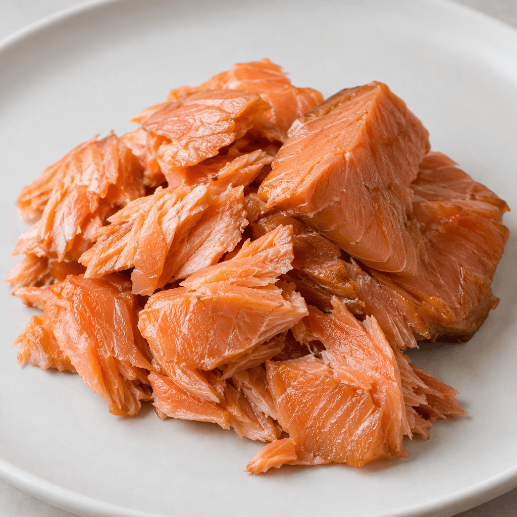 Moist pink-orange flakes and compact pieces of smoked salmon, with visible fibrous layers and a slight sheen, are arranged on a plain plate.