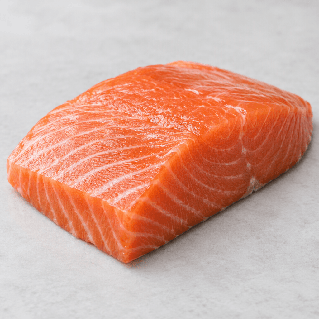 A thick, skinless raw salmon fillet with vivid coral-pink flesh, fine white fat lines running through it, smooth moist texture, and cleanly cut edges resting on a plain surface.