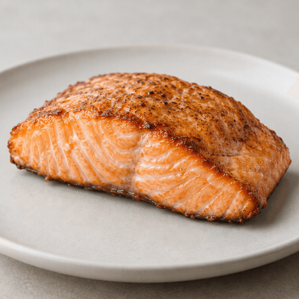 A thick salmon fillet with pink-orange flesh, a golden-brown seared surface, visible flaky layers, and lightly crisp edges rests on a simple plate.
