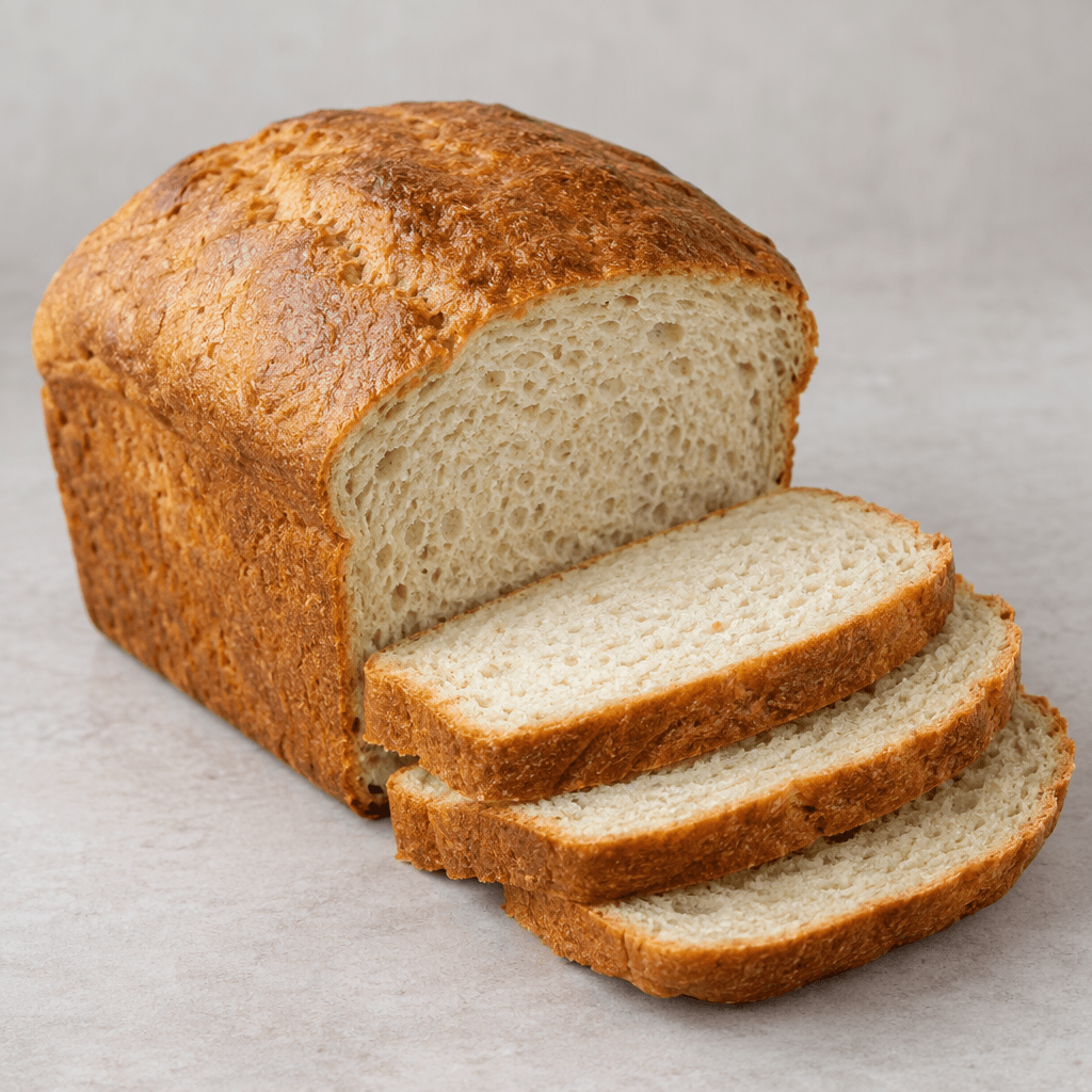 A golden-brown rectangular loaf with a gently domed top, a firm textured crust, and a pale, finely porous interior visible in several even slices beside it.