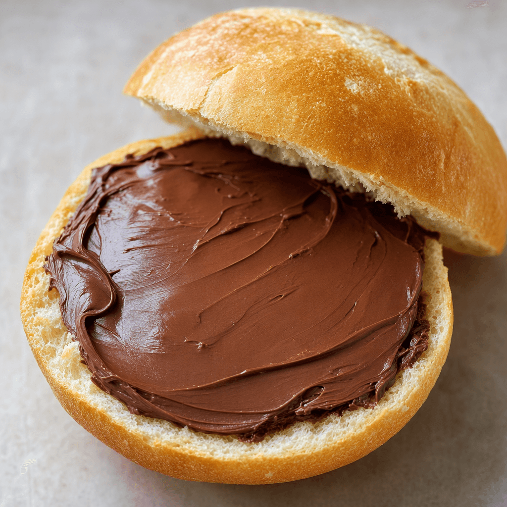A soft, round bread roll with a lightly golden crust is split open and spread with a thick, smooth, dark-brown hazelnut cocoa spread.