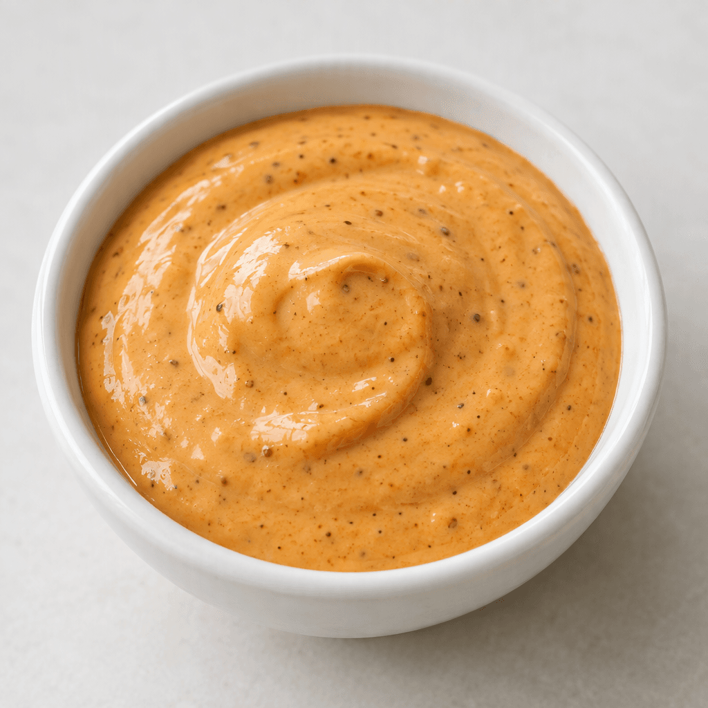 A smooth, glossy, pale orange-brown sauce with tiny darker flecks, served in a small dish.