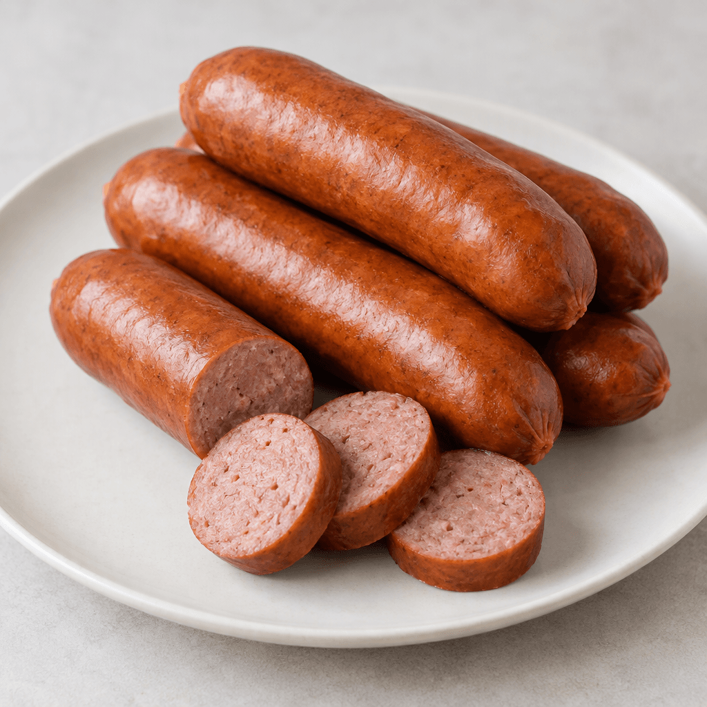 Several plump, cylindrical sausages with smooth reddish-brown casings are arranged on a plain plate, with a few cut into round slices showing a dense, finely textured pinkish-brown interior.