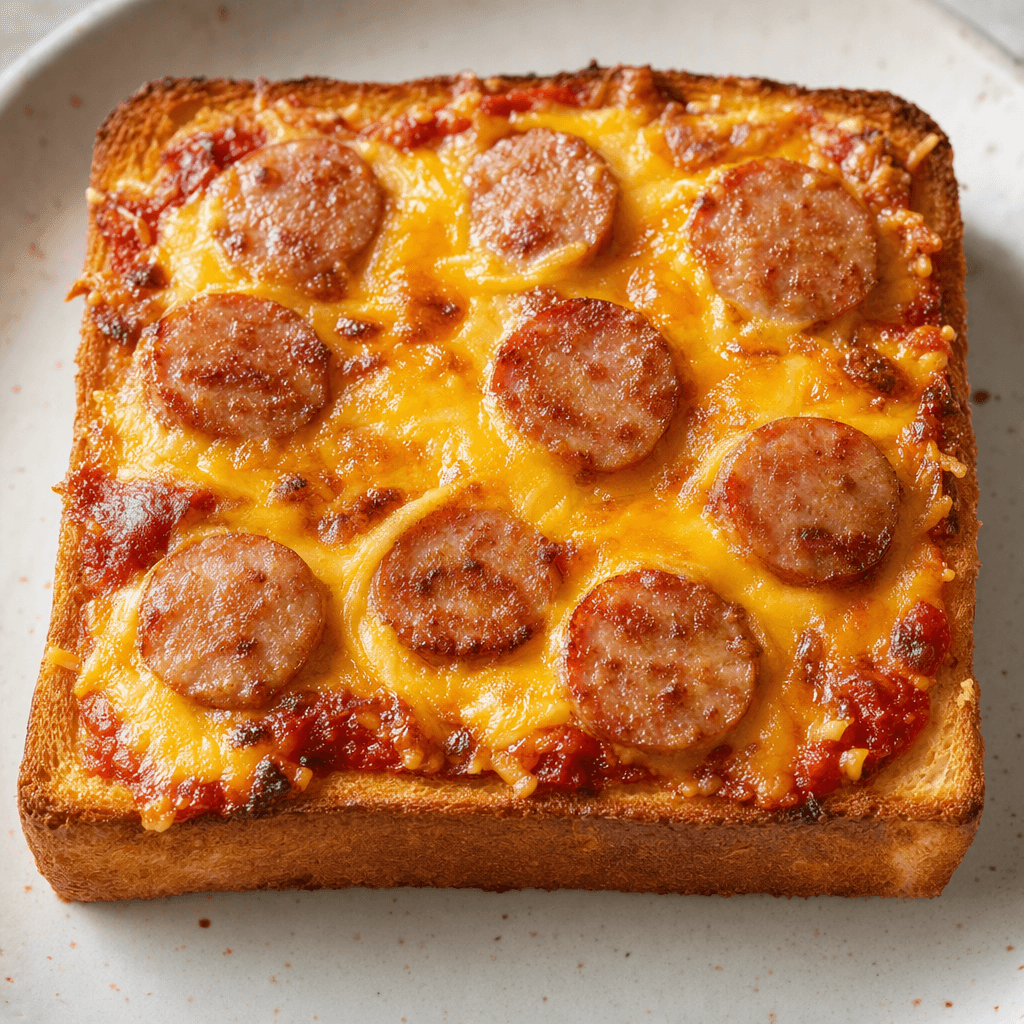 A thick slice of toast is topped with red tomato sauce, round sausage slices, and melted yellow-orange cheddar, with browned patches of cheese around the edges.
