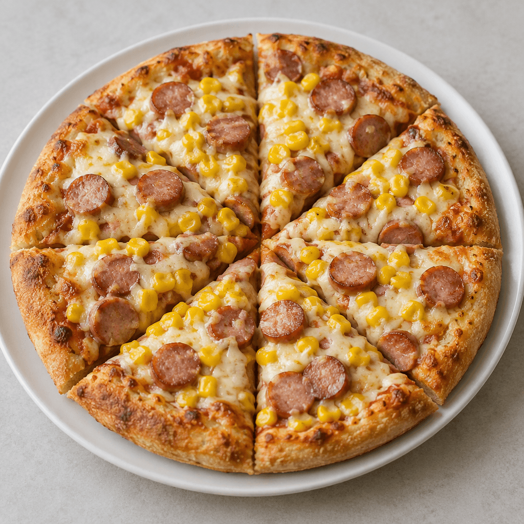 Altın rengi kenarlı yuvarlak pizzanın üzerinde erimiş açık renkli peynir, sarı mısır taneleri ve dilimlenmiş sosisler görülüyor; pizza dilimlenerek tabakta servis ediliyor.