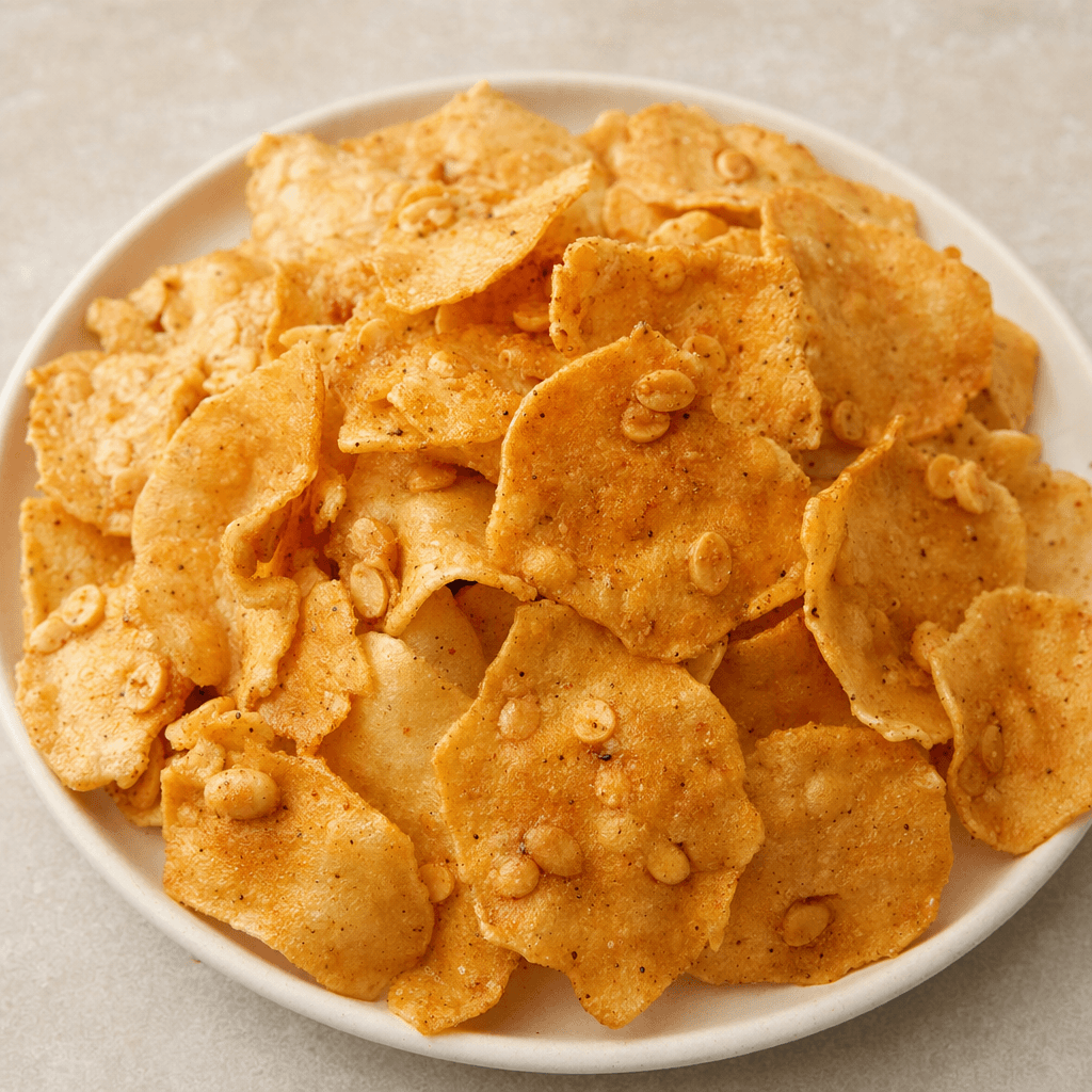 Golden-brown, thin, irregular peanut chips with a crisp-looking surface and fine seasoning specks are piled loosely on a plate.