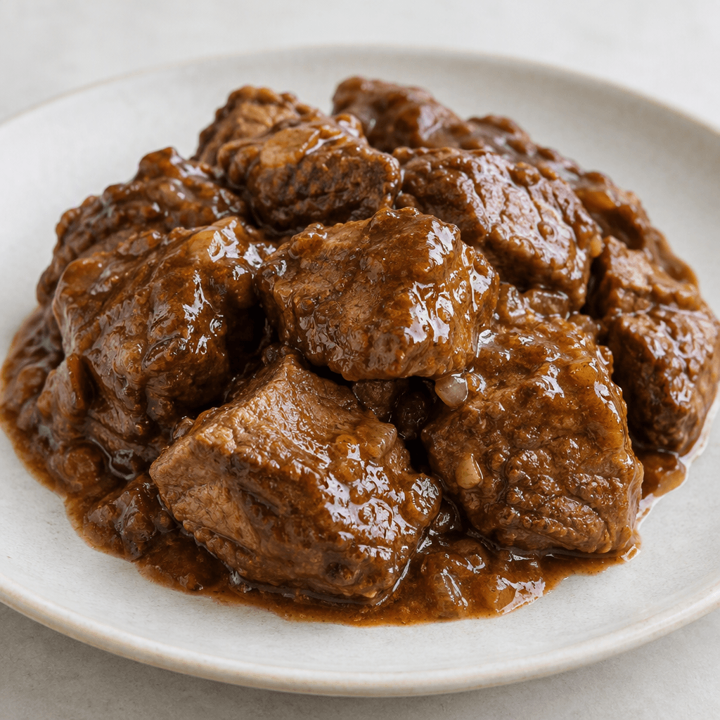 Pieces of browned beef coated in a glossy, thick brown sauce are served together on a plate.