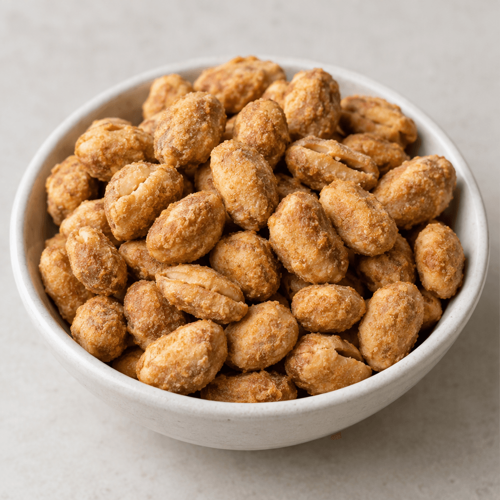 Whole peanuts covered in a thin, uneven layer of golden-brown coating, with their curved oval shapes and occasional split seams visible, piled loosely in a small serving dish.