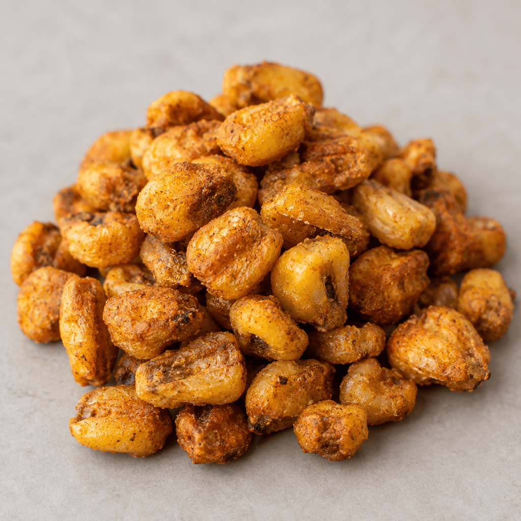A small pile of chunky, irregular roasted corn kernels, golden yellow to deep amber with a dry, craggy surface and a light dusting of reddish-brown seasoning.