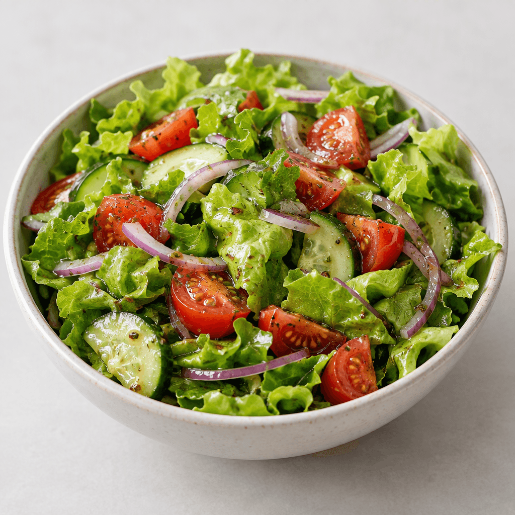 A shallow bowl holds crisp green lettuce leaves, chopped red tomatoes, cucumber slices and thin purple onion, lightly coated in a glossy dressing that glistens across the vegetables.