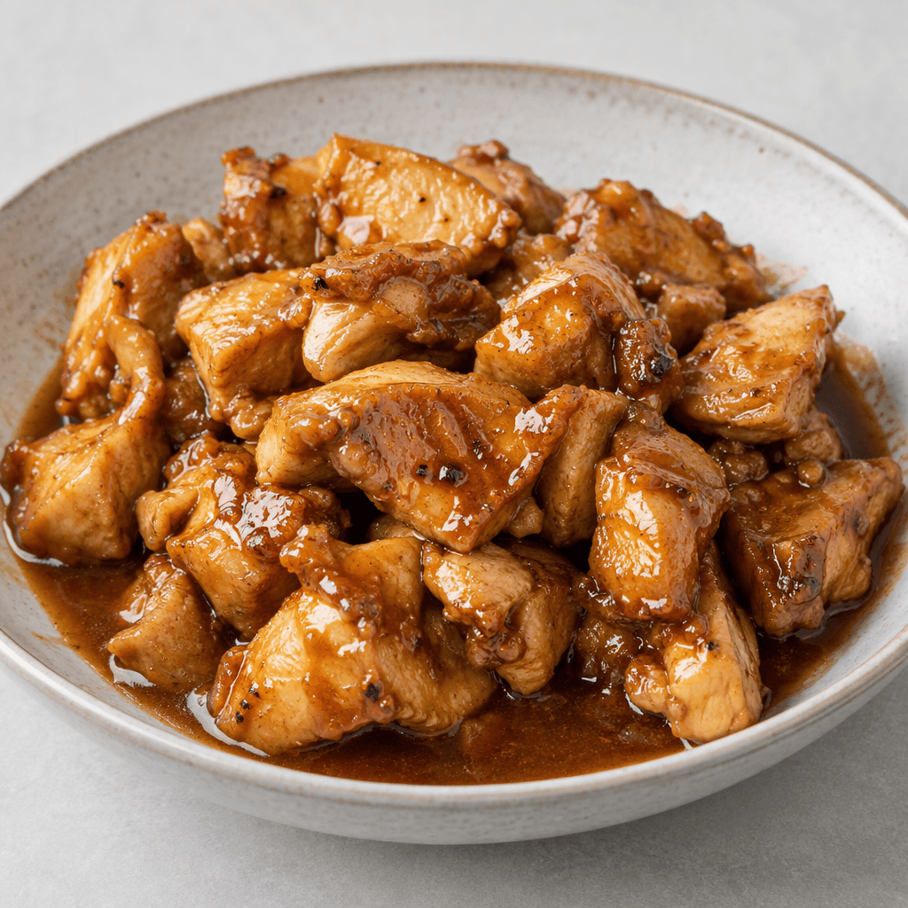 Tender-looking pieces of chicken, cut into irregular chunks and coated in a thick, glossy brown sauce, are piled in a shallow serving dish with a little sauce pooling around them.