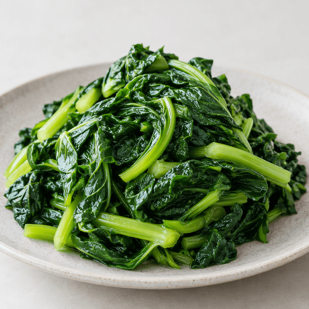 A mound of wilted leafy greens with deep green, glossy leaves and tender pale-green stems, loosely piled on a plate.