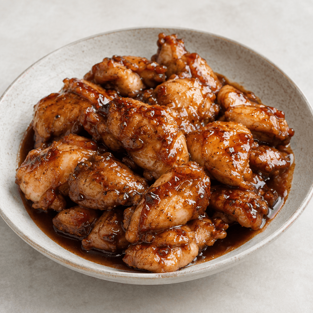 Tender-looking pieces of chicken are coated in a glossy, deep brown sauce and arranged on a plate.