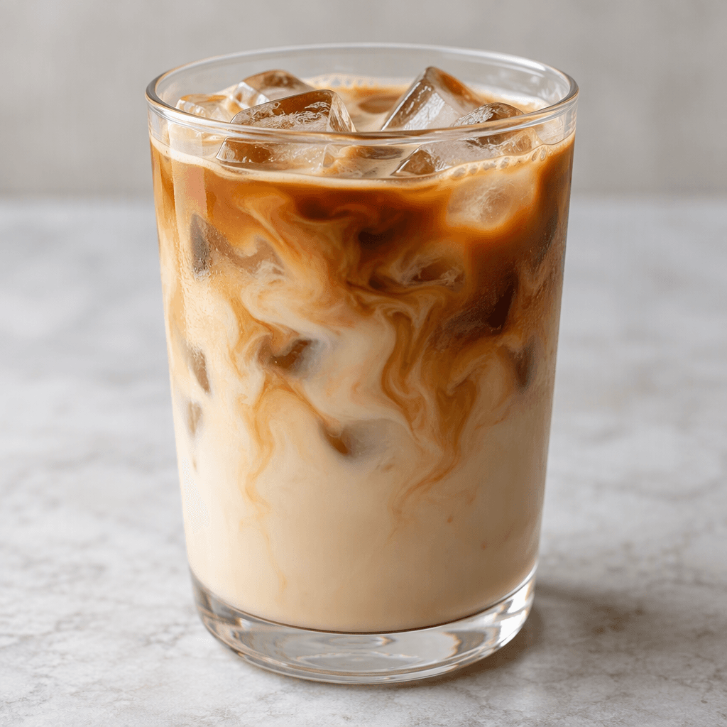 A chilled latte fills a clear glass with pale beige soy milk, darker coffee swirls, and visible ice cubes near the top.