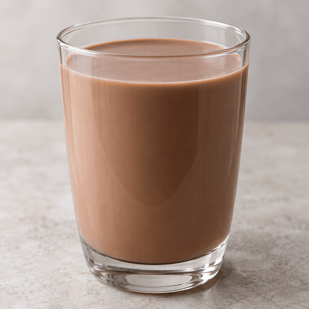 A smooth, opaque light-brown chocolate drink fills a clear glass, with an even surface and no visible toppings.
