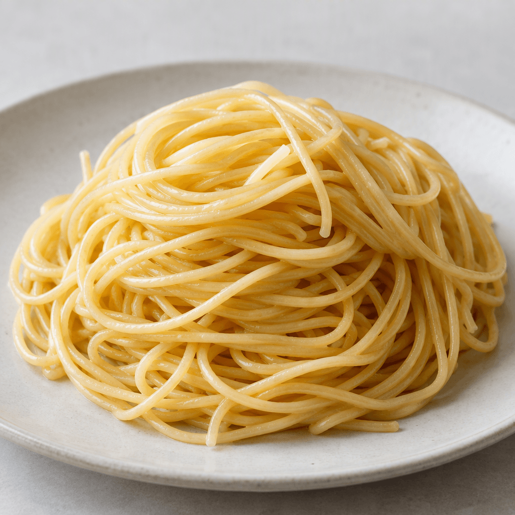 Long, thin, smooth, pale golden strands of spaghetti are loosely coiled into a mound on a plate, with individual strands and their rounded ends visible.