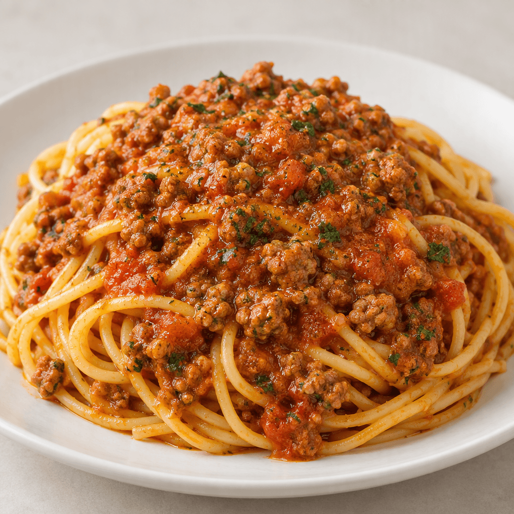 A mound of long, pale-yellow spaghetti strands is covered with a thick red-orange tomato and minced-meat sauce, with small meat pieces and flecks of herbs visible across the surface on a plate.