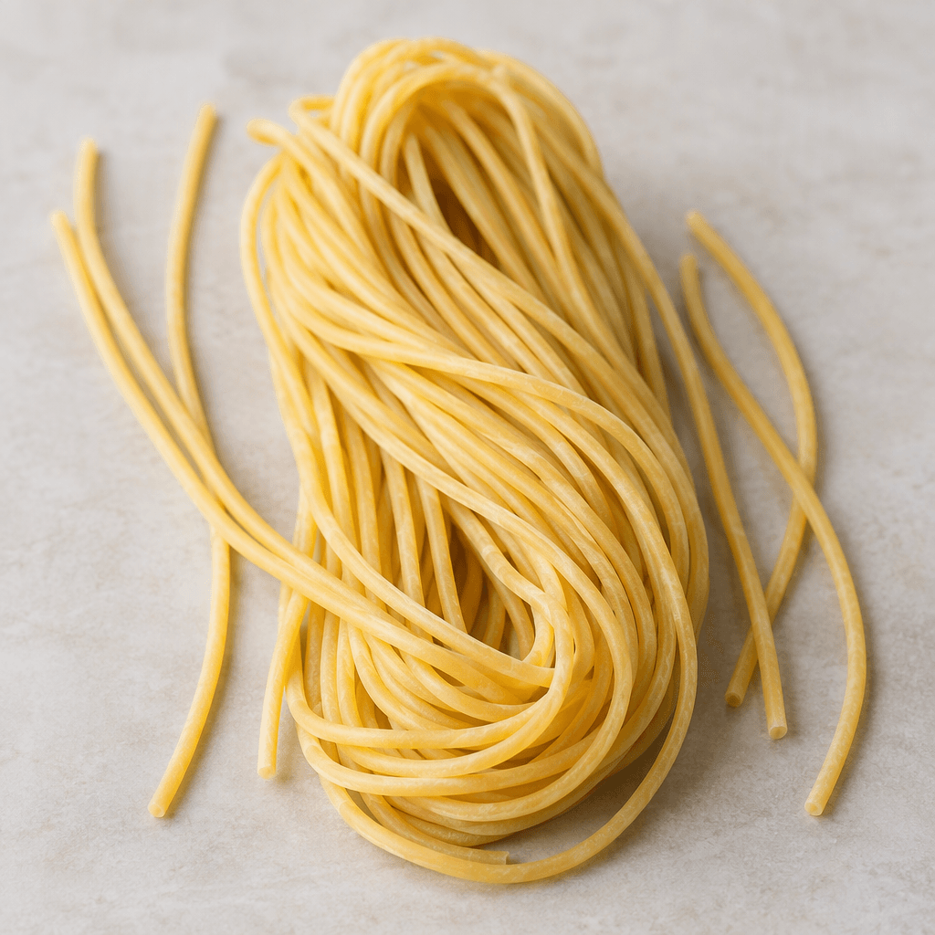 Long, thin, smooth cylindrical strands of pale golden-yellow pasta, loosely arranged in a small bundle with a few strands separated around it.