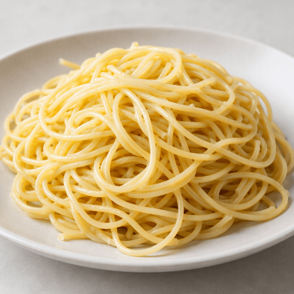 Long, thin, smooth pale-yellow strands gathered into a loose, glossy mound on a plate, with individual noodles curling and overlapping visibly.
