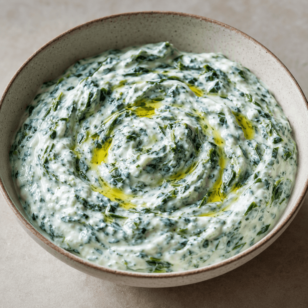 A shallow serving bowl holds a thick, creamy white yogurt mixture streaked and speckled with finely chopped dark-green spinach, with a smooth swirled surface and a light drizzle of golden olive oil on top.