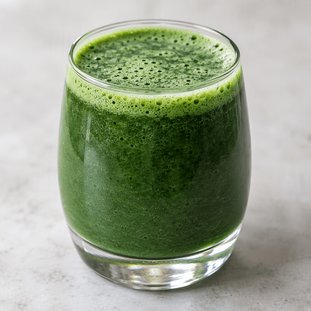A vivid green spirulina drink sits in a clear glass, with a smooth, slightly frothy surface.