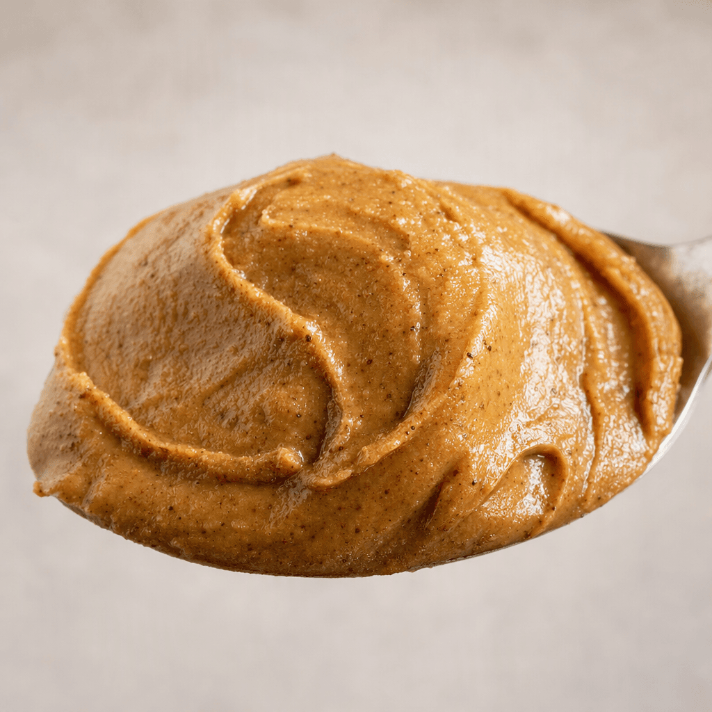 A spoonful of thick, smooth, warm brown biscuit spread sits in a rounded mound, with a slight sheen and fine darker crumbs visible throughout.
