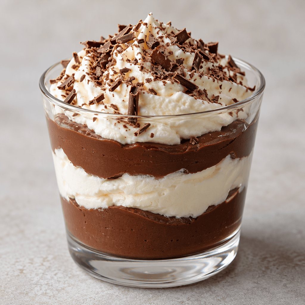 A small glass serving cup holds layers of smooth dark-chocolate cream and pale whipped cream, topped with fine chocolate shavings.