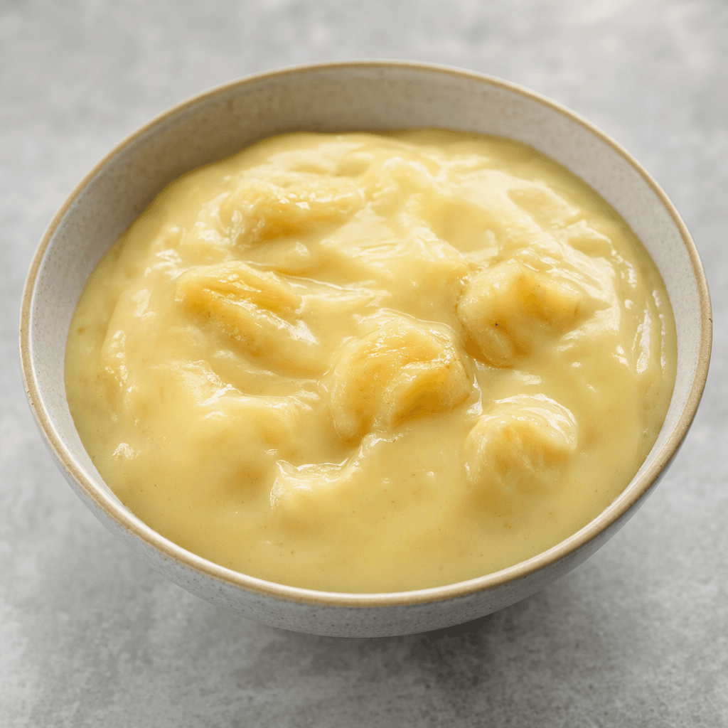 A small serving of thick, smooth pale-yellow pudding sits in a dish, with a few soft banana pieces visible throughout.