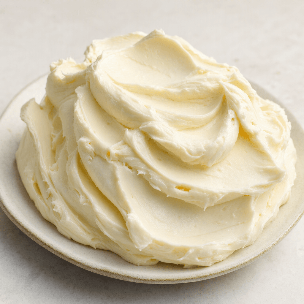 A mound of pale ivory spreadable cheese sits on a small plate, its thick, creamy surface smooth with soft spatula ridges.