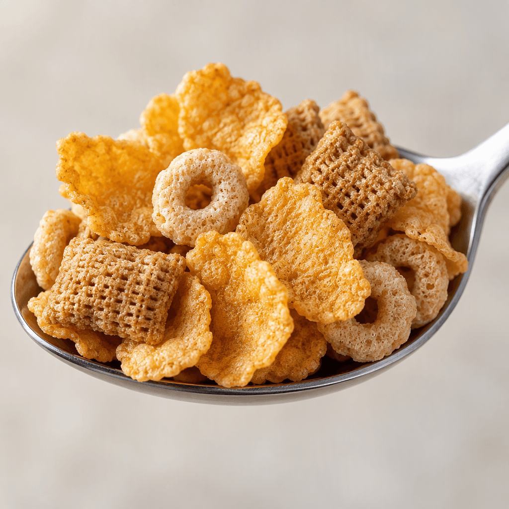A spoon holds a small heap of crisp, golden-brown cereal pieces in varied shapes, with a lightly rough, porous texture.