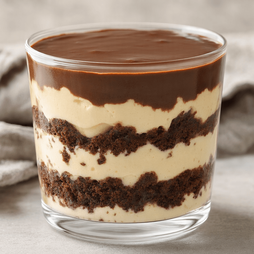A clear serving cup holds layers of soft chocolate cake crumbs and pale cream, topped with a smooth, glossy chocolate layer.