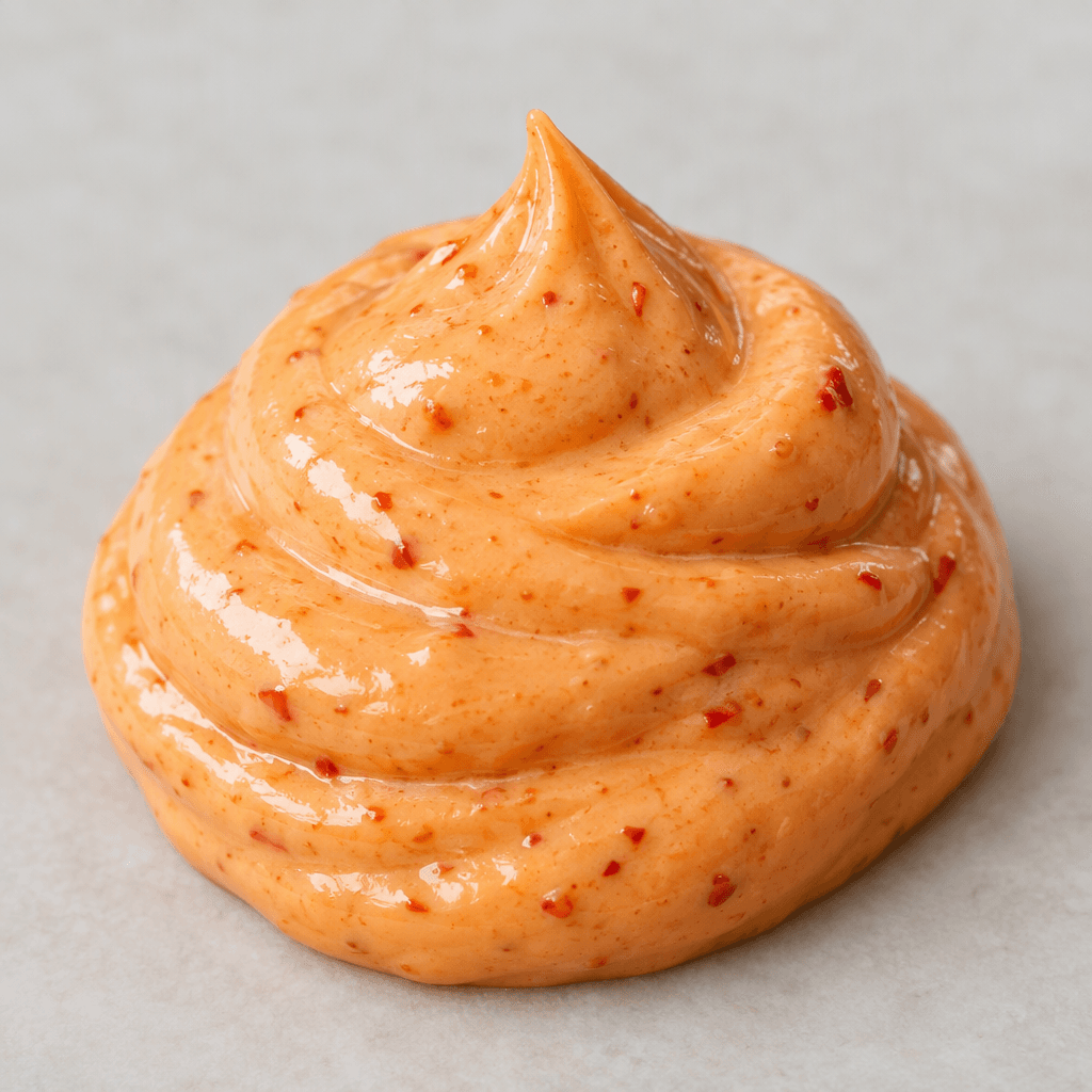 Thick, smooth, glossy coral-orange mayonnaise with tiny red chili flecks, piped into a soft swirl.