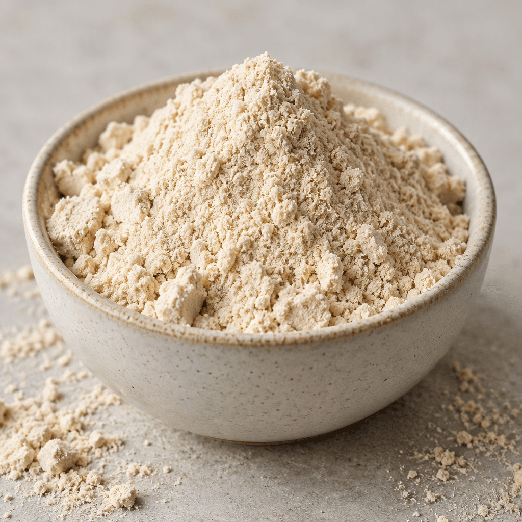 A mound of fine, pale beige protein powder with a slightly grainy texture sits in a small bowl, with a little powder scattered nearby.