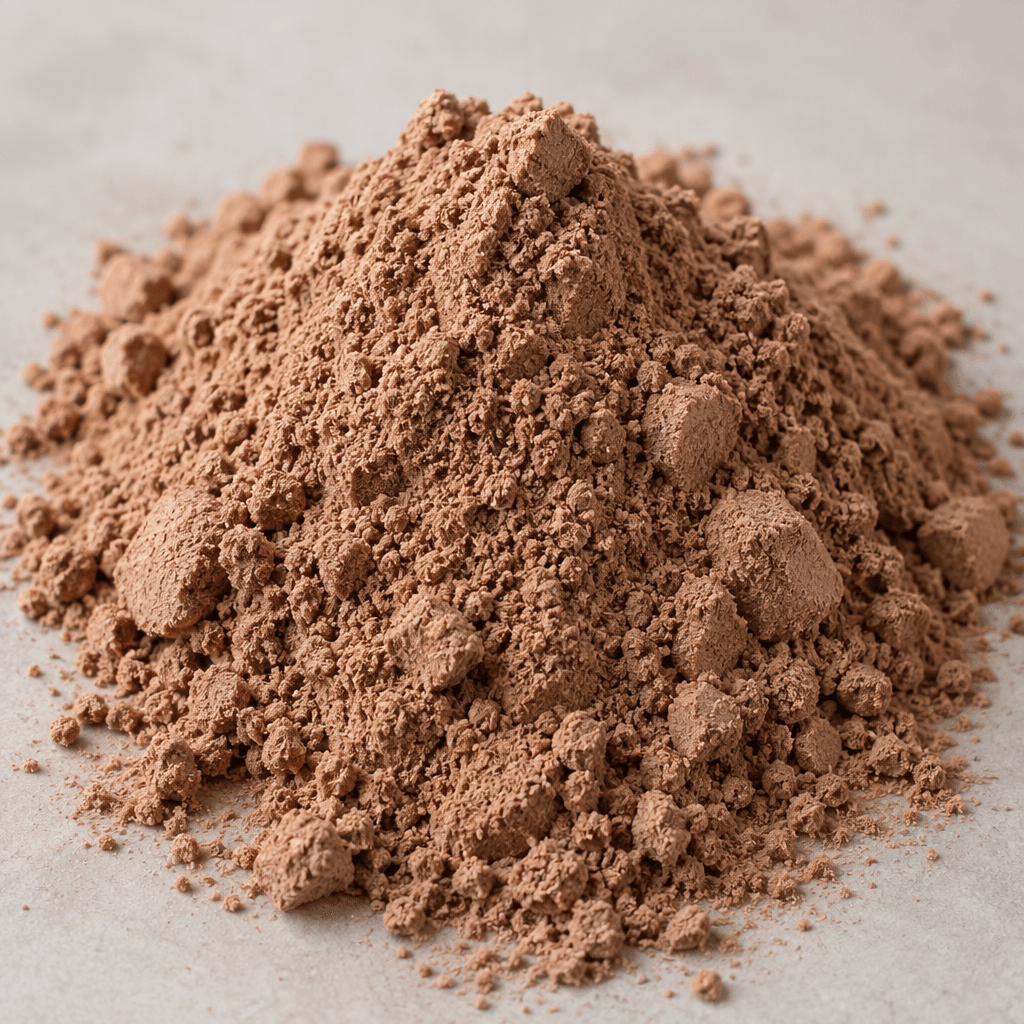 A loose mound of fine, matte medium-brown chocolate protein powder with a soft, slightly clumpy texture.
