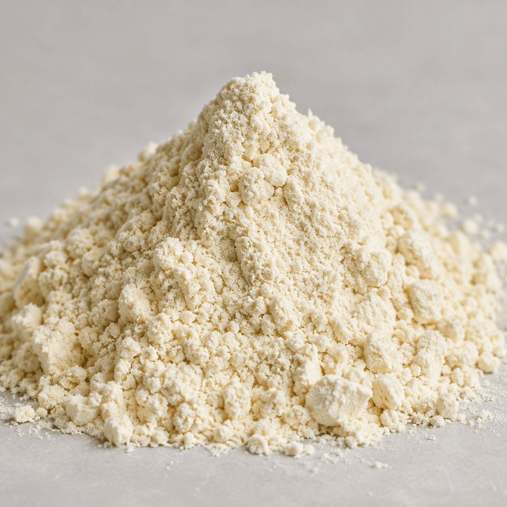 A fine, dry, pale cream-colored protein powder sits in a soft mound, with a slightly grainy texture.