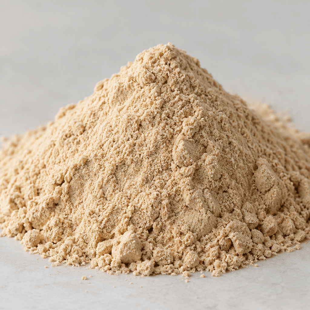A mound of fine, dry, light caramel-beige protein powder with a soft, slightly grainy surface.