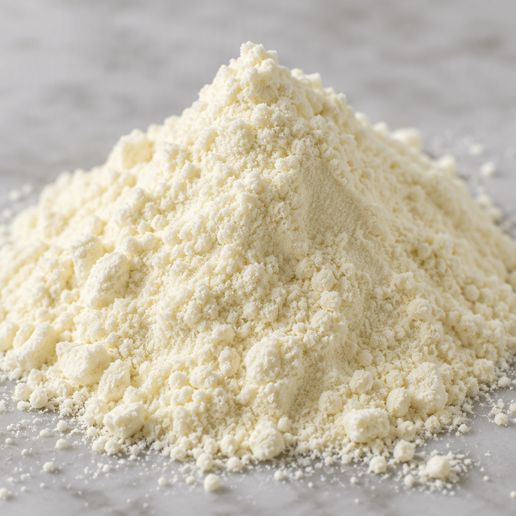 A mound of fine, pale cream-colored whey powder with a soft, slightly grainy texture.